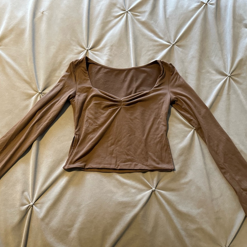 Brown Long Sleeve Women's Top with slit sides